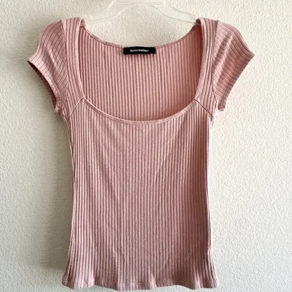 Reformation Cap-Sleeve Ribbed Knit Square Neck Blush Pink Bardot Top Small - Picture 3 of 9
